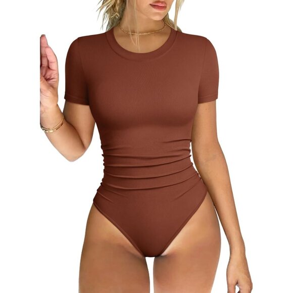 Women's Caramel Bodysuit Crew Neck Short Sleeve Stretch Vacation Basic Tops